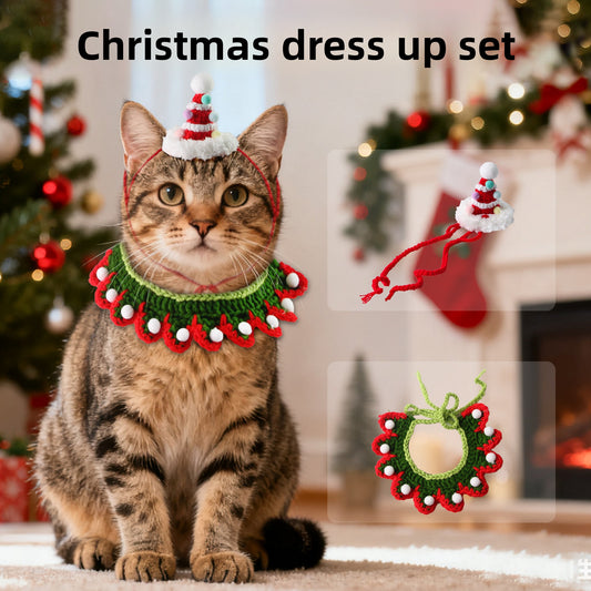 Amazon New Pet Christmas Knitted Hat Scarf Bib Set Pet Accessories