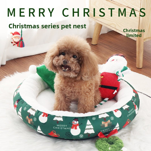 Pet Christmas Round Nest Mat Dog Bed Warm Thickened Warm Cat Bed
